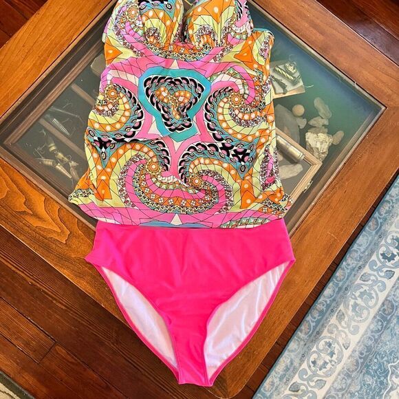 2pc Tankini Pink Blue Pants NEW Shein 2XL Top Lane Bryant 40C Bra Made In! - Picture 9 of 9